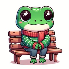 Obraz premium Cute Frog Sitting On Bench And Wearing Sweater Cartoon Vector Icon Illustration
