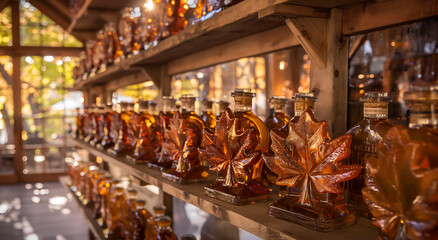 Display of maple syrup bottles on the edge of a sugar shack window
