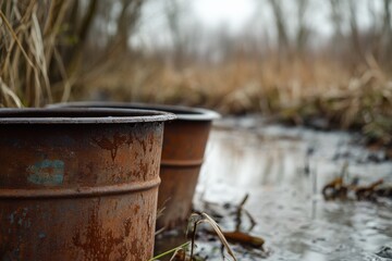 Naklejka premium Rusty Metal Buckets by Marshy Water in a Foggy Landscape, Capturing the Beauty of Nature's Decay with Soft Focus and Earthy Tones, Evoking a Sense of Stillness