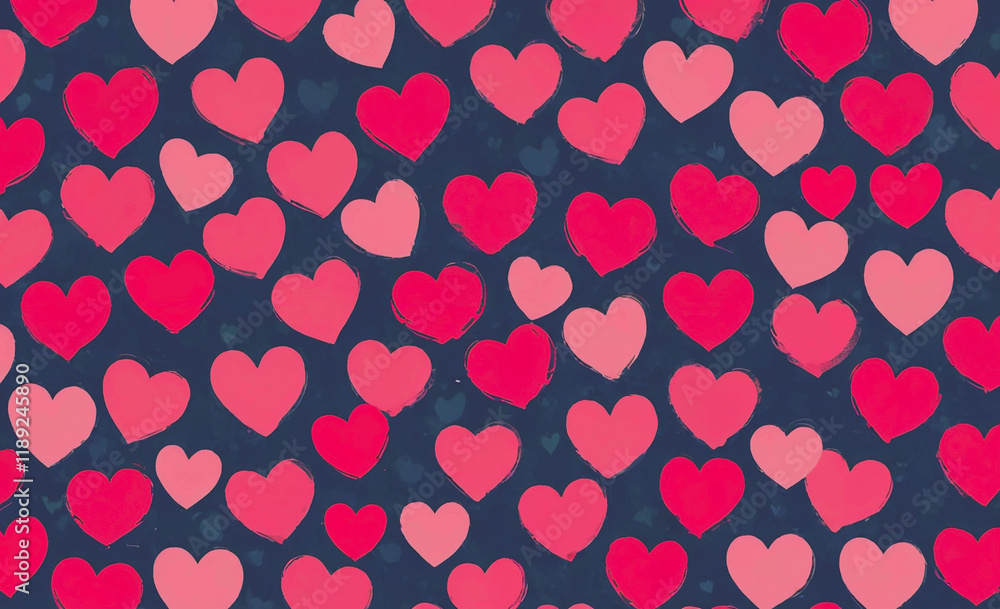 Poster blue background with many pink hearts. the hearts are in different sizes and are scattered all over 