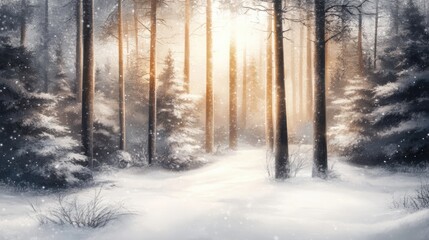 Misty foggy winter forest with snow covered trees.