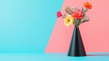 Modern Black Cone Vase with Bright Colorful Flowers on Background
