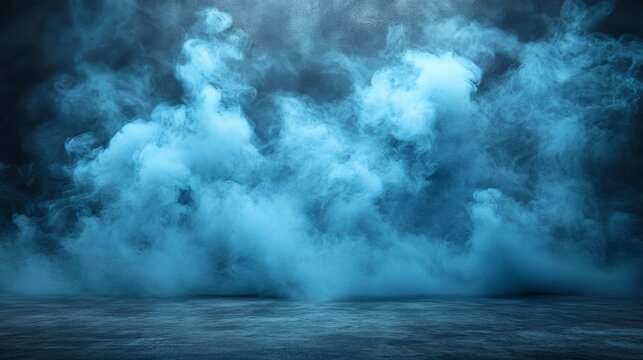 Mystical atmosphere with blue smoke and mist on dark background