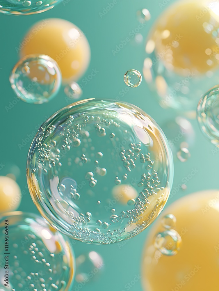 Poster bubbles floating in an abstract turquoise background with yellow accents. generative ai