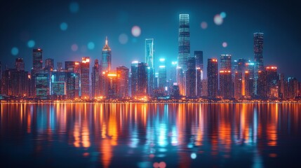 Obraz premium Spectacular night cityscape with illuminated skyscrapers reflecting on water