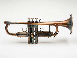 Obraz premium close up of a tarnished copper trumpet on a white background