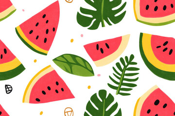 Colorful watermelon slices and green leaves create a vibrant, tropical pattern on a white background.