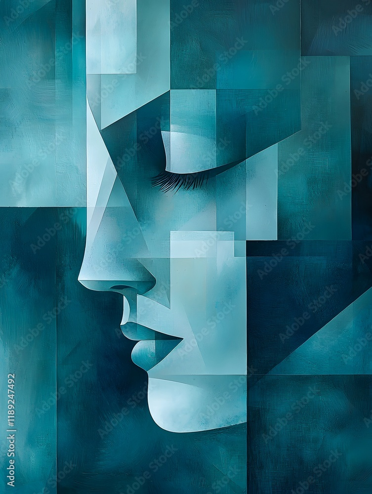 Poster artistic interpretation of a serene face in geometric shapes and shades. generative ai