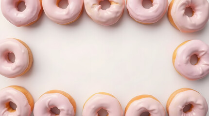 Pink glazed pastel donuts in a frame arrangement with empty space for copy text, doughnuts 