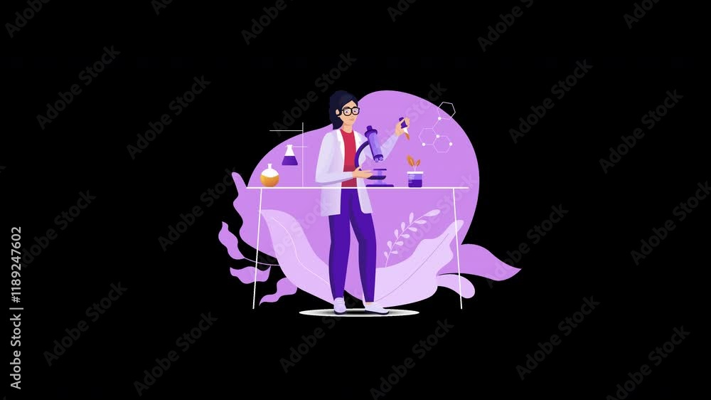 Poster a scientist conducting experiments with beakers and a microscope, showcasing a modern 2d style.