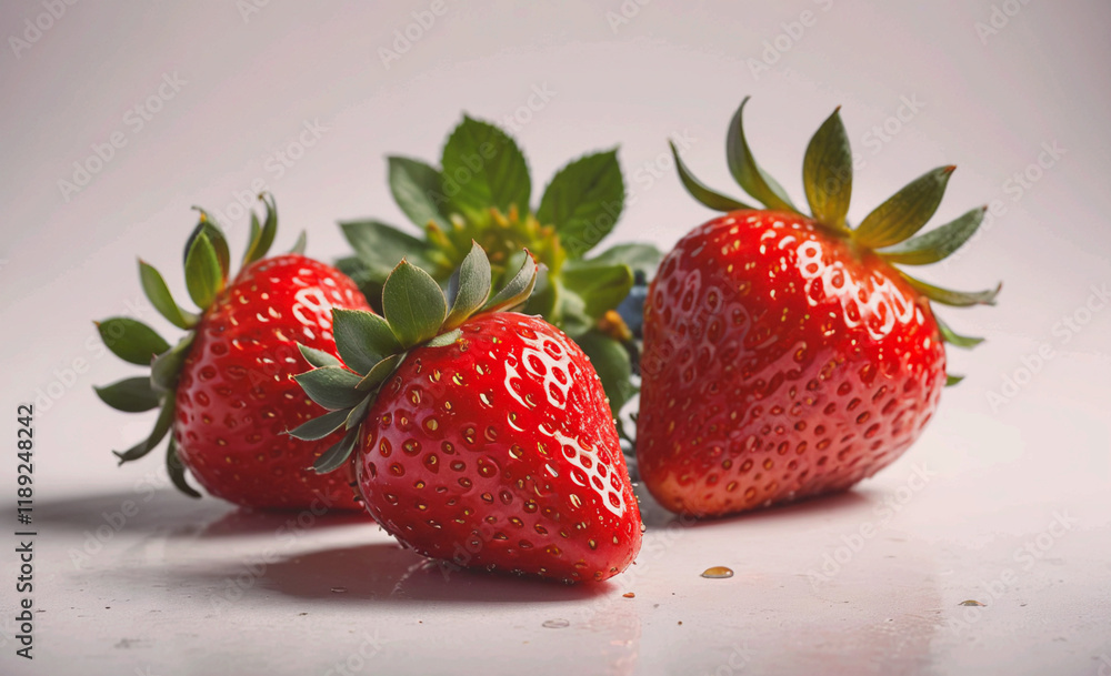 Poster three red strawberries on a white background. the strawberries are placed in a row. the top of the s