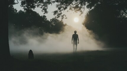 A solitary figure walks through a misty, tranquil parkland at dawn.