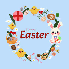 Happy Easter greeting card with eggs, flowers and leaves. Colorful holiday flat vector illustration
