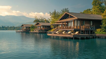 Naklejka premium Scenic Lakeside Resort with Wooden Cabins and Mountain Backdrop