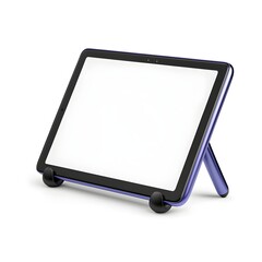 A blue tablet is sitting on a stand