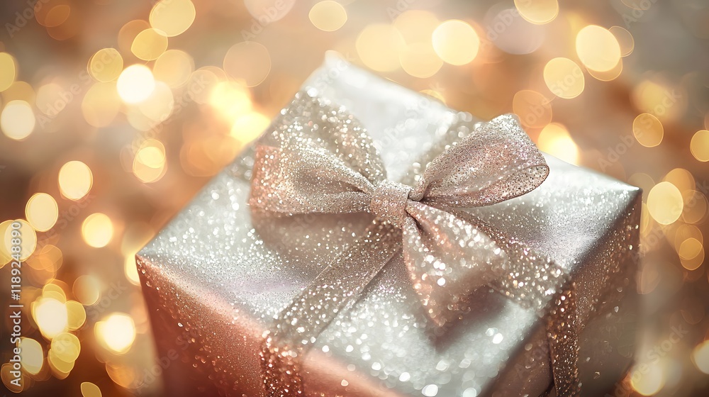 Poster wrapped box on a festive backdrop with sparkling lights. generative ai