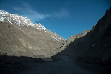 Beautiful view of Spiti valley arid landscape enroute Kaza, Himachal Pradesh, India.