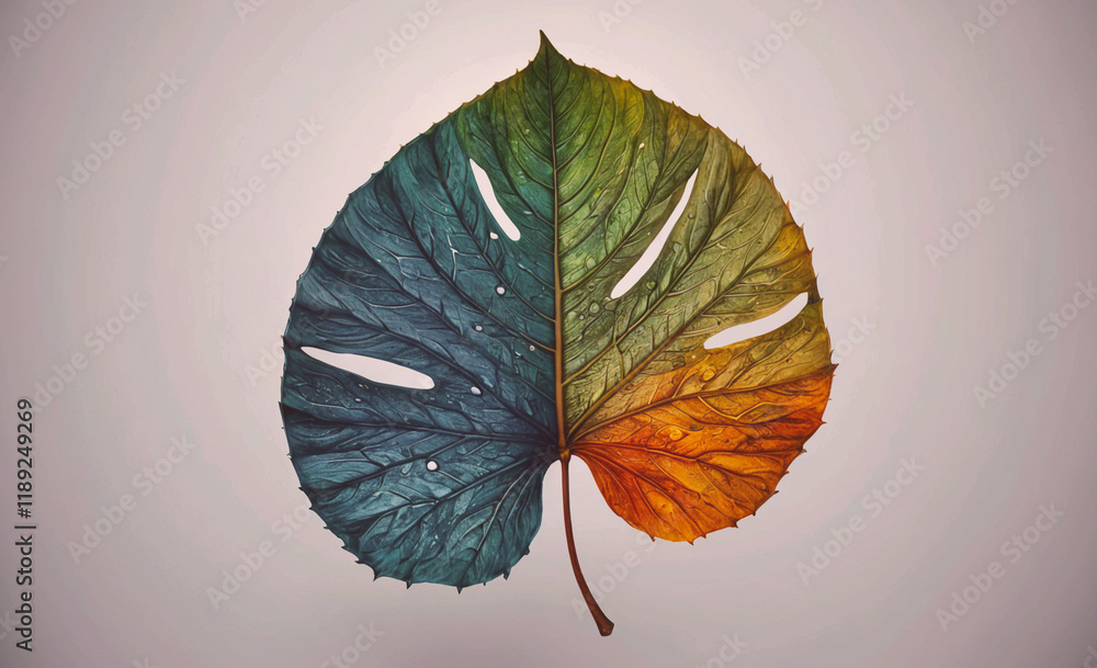 Poster Leaf with a green stem and a red stem. The leaf is on a white background