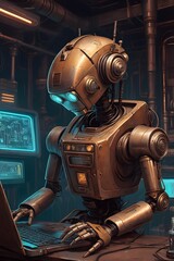 Fototapeta premium vintage robot using a laptop artificial intelligence technology AI computer LLM