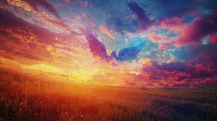 Fototapeta premium Ethereal Wings Against a Stunning Sunset Over a Serene Landscape