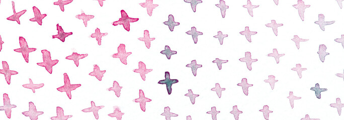 Watercolor birds pattern in gradient shades of pink and purple on white background.