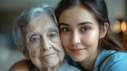 Caregiver Assists Elderly Woman Home Photography Indoor Setting Close-Up Support and Compassion