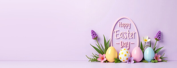 Easter card. Silhouette of Easter egg on lilac background. Around egg fresh greenery with flowers and painted eggs. On egg inscription “Happy Easter day”. Easter concept. Copy space