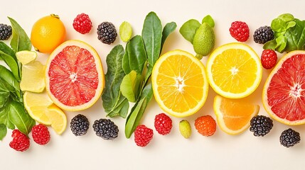 Vibrant Citrus Fruits and Berries Flat Lay Photography