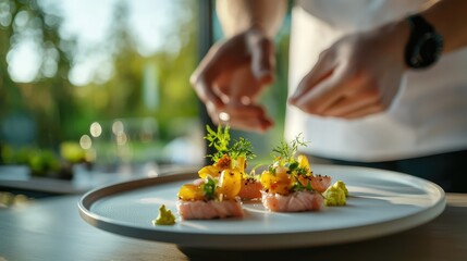 Naklejka premium Creative Chef Plating Elegant Seafood Dish with Fresh Ingredients
