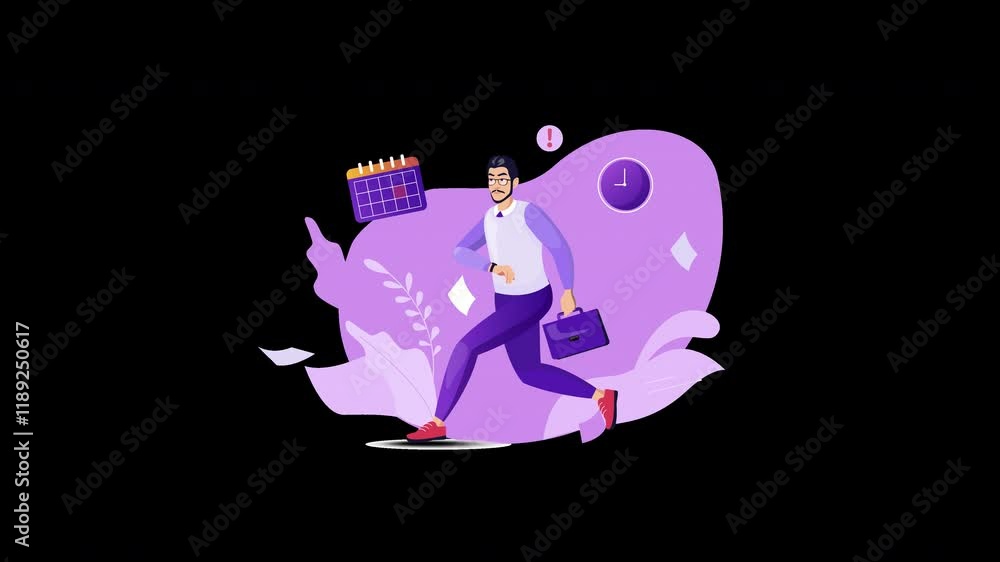 Poster a business man with glasses running with a briefcase, set against a purple background with a calenda
