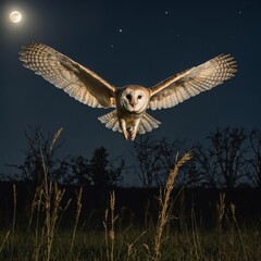 A barn owl in flight, carrying prey, illuminated by moonlight in a field.