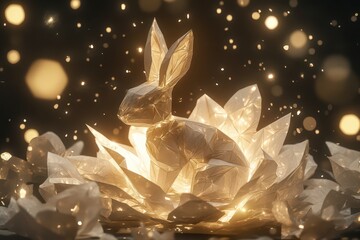 Origami rabbit with delicate petals and whimsical elements