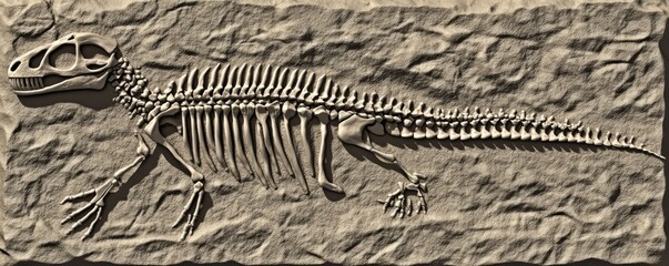 Fossilized Dinosaur Skeleton on Textured Stone Background for Educational Use.