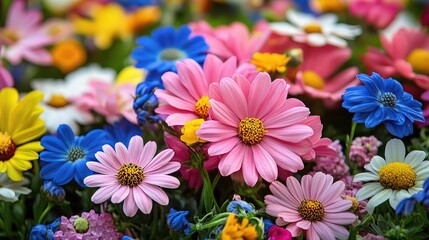 Explosion of Colorful Flowers in Full Bloom Against a Vibrant Background
