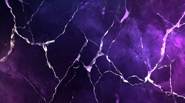 Radiant violet and deep purple marble with glowing white veins, jagged cracks creating a mystical abstract pattern
