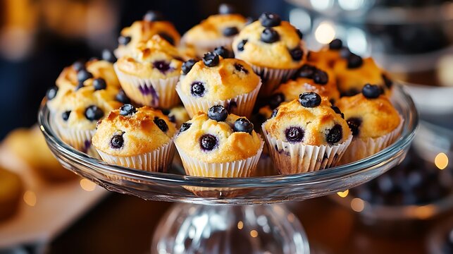 a large glass bowl filled with a mound of small mini breakfast muffins these freshly baked blueberry muffins are part of a breakfast buffet at a hotel