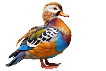 Fototapeta premium Cute mandarin duck perched elegantly, with its colorful feathers fluffed up, showcasing its distinct crest.