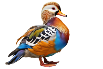 Cute mandarin duck perched elegantly, with its colorful feathers fluffed up, showcasing its distinct crest.