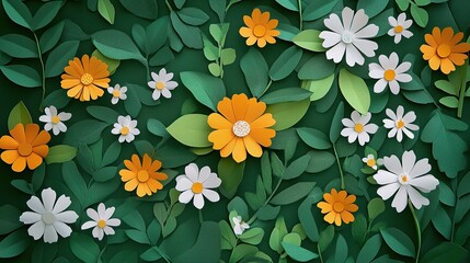 Creative Arrangement of Paper Cut Flowers and Leaves on Green Background