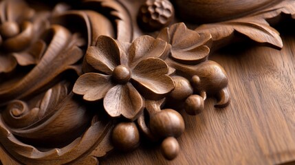 Intricate Wooden Carving: A Close-Up of Floral and Scrollwork Design
