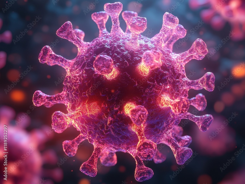 Poster close-up view of a virus particle with vibrant colors and intricate details.