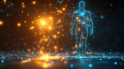 Human figure formed by blue and orange glowing lines in a futuristic abstract environment. Generated with AI.