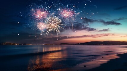 A photo of fireworks over an ocean horizon