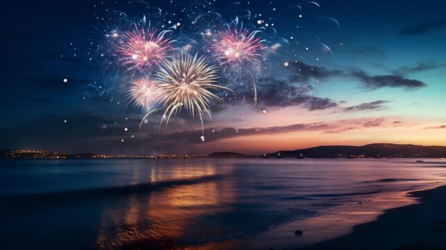A photo of fireworks over an ocean horizon