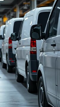 White delivery vans lined up in a modern warehouse during afternoon hours
