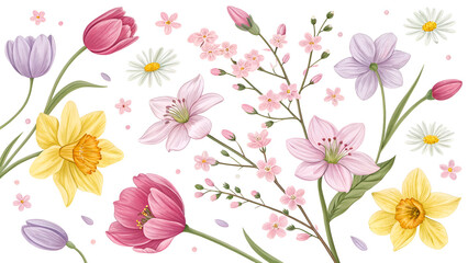 Vibrant arrangement of spring flowers including daffodils, tulips, and cherry blossoms on a white background