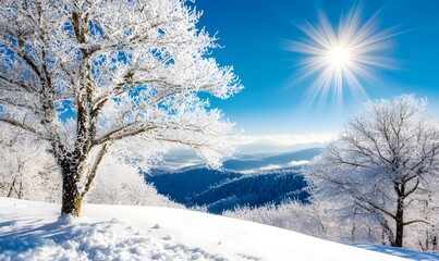Frosty winter tree on snowy mountain peak under bright sun.