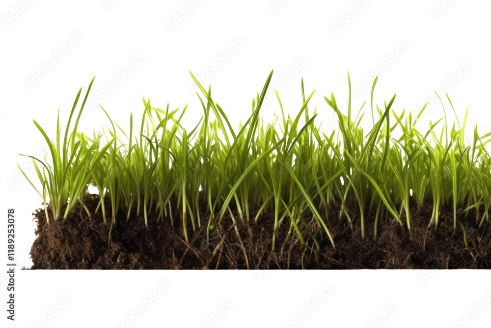 Poster detailed view of rich green grass with visible root structures and earth peeking through, highlighti