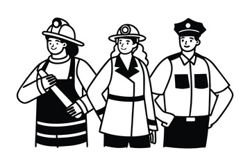 Black and White Illustration of Three People in Uniform, Firefighter, Police Officer, and Construction Worker, Professional People, Workers, Line Art vector clipart.	