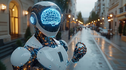 Fototapeta premium Futuristic white robot with illuminated digital brain in blue, posing in an urban street at night. Generated with AI.